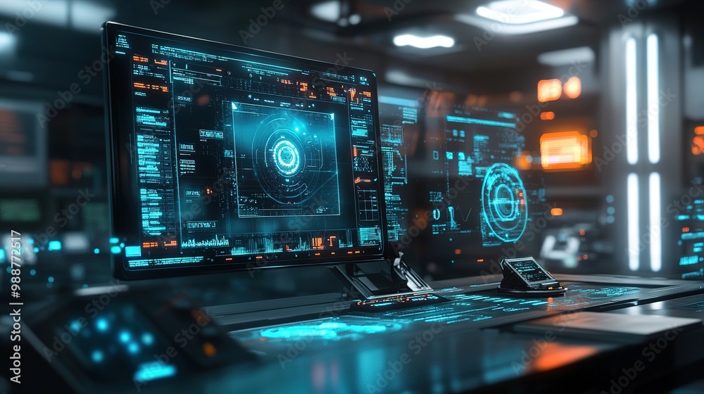 A sleek futuristic tech concept featuring a holographic interface with glowing data points and advanced digital elements floating in a high-tech workspace