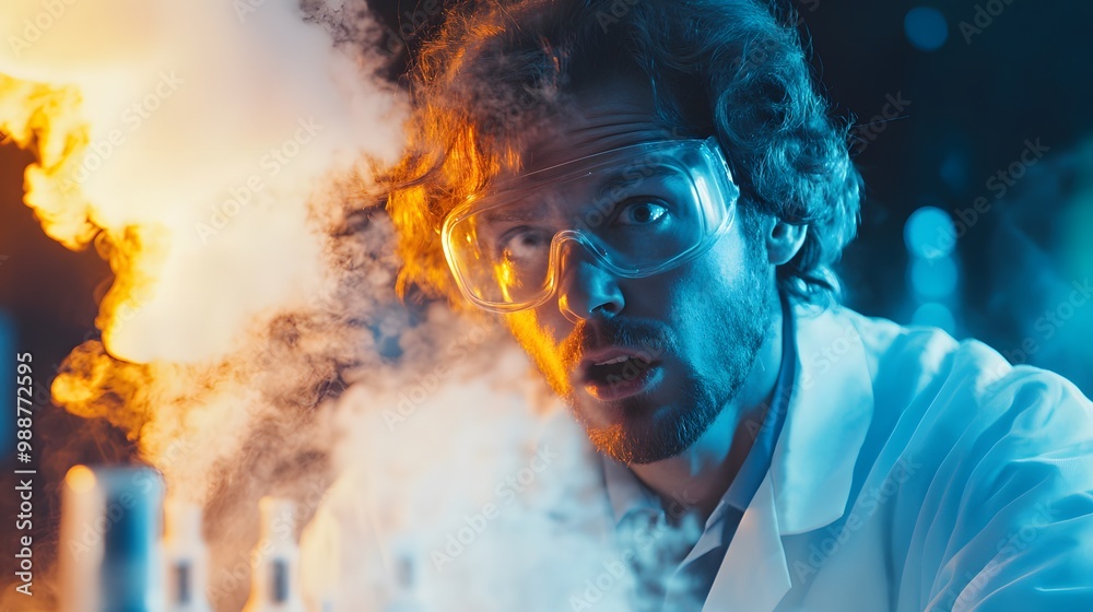 A Shocked Scientist Surrounded by Smoke in a Laboratory