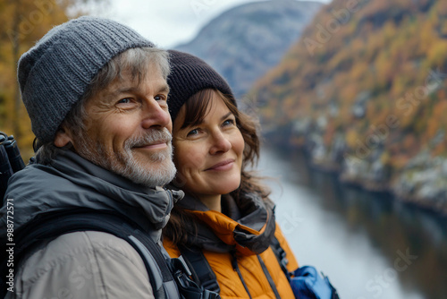 Couple traveling together in autumn forest generative AI