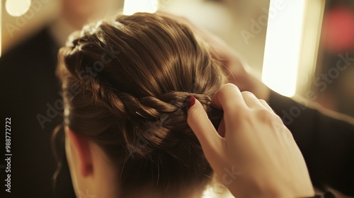 Close-up of professional hairdresser creating elegant French twist hairstyle. Detailed shot of hands styling hair for a sophisticated and formal look