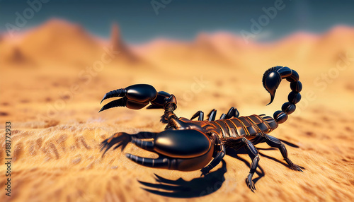 Close-up and side view of a black and orange aggressive scorpion in defensive position with its stinger full of poison, in the desert. Generative Ai. photo