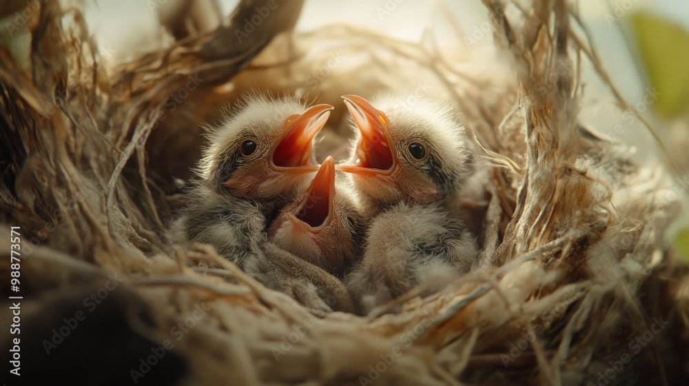 Obraz premium A close-up of fluffy baby birds nestled together in a cozy nest, their beaks wide open, eagerly awaiting food from their parent, capturing the essence of new life.