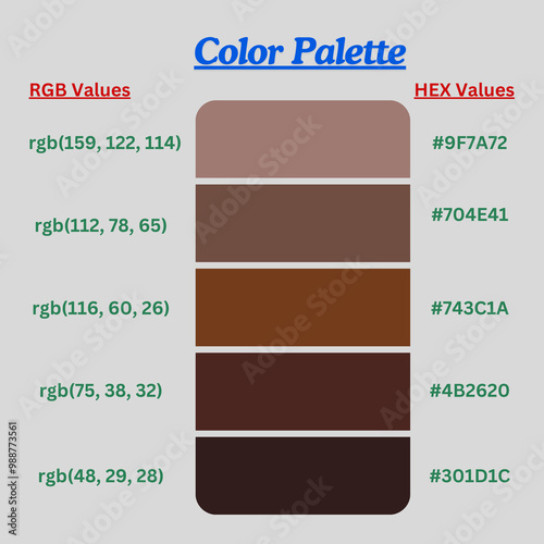 A color palette with five shades of brown, ranging from light to dark. RGB and HEX values are provided for each color. photo