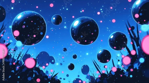 A vibrant, abstract scene featuring floating spheres against a blue background with colorful dots.