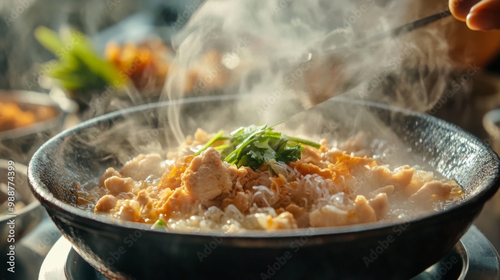 A close-up of freshly cooked being ladled into a bowl, with steam rising and a backdrop of traditional Thai dishes, illustrating the joy of home cooking. A close-up of freshly cooked being ladled into a bowl, with steam rising and a backdrop of traditional Thai dishes, illustrating the joy of home cooking.