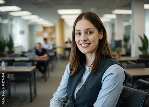 millennial research assistant interviews for role, inclusivity and diversity, crisp modern attire and waistcoat, considered and graceful, light blue dark brown dark green, inspiring person portrait