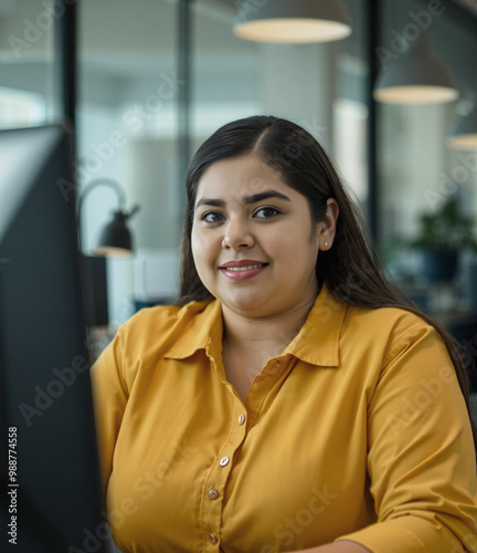 simple button-up shirt and modern attire, office productivity at the workplace, anticipation and excitement, light yellow clothes, blurry foreground at late afternoon, big person portrait photo