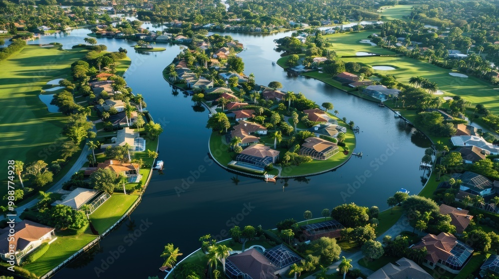 An aerial view of the real estate market, showcasing houses and buildings along rivers or canals An aerial view of the real estate market, showcasing houses and buildings along rivers or canals