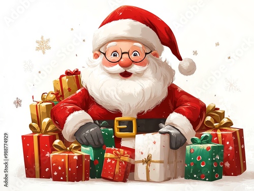 Santa surrounded by gifts, holiday excitement, fun and playful style, cartoonish colors, isolated on white background