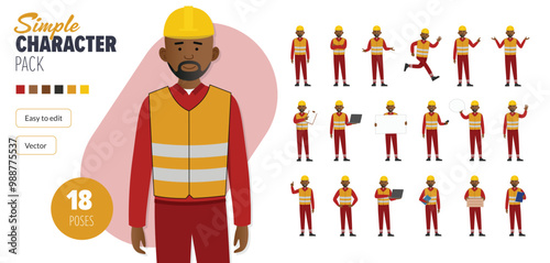 Simple flat 2d construction maintenance worker vector character in a set of multiple poses. Easy to edit and isolated on a white background. Modern trendy style character mega pack with lots of poses.