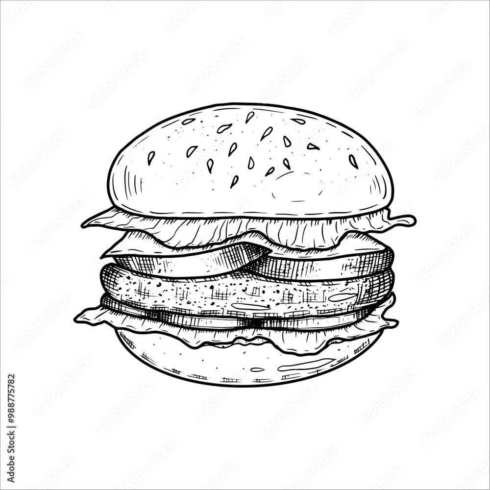 Fresh tasty burger. Vetor hand drawn illustration Fresh tasty burger. Vetor hand drawn illustration
