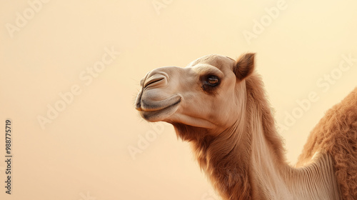 a camel with a humped back and sandy brown fur against an isolated light ivory background, the soft light casts gentle shadows on the camel, creating intricate patterns photo