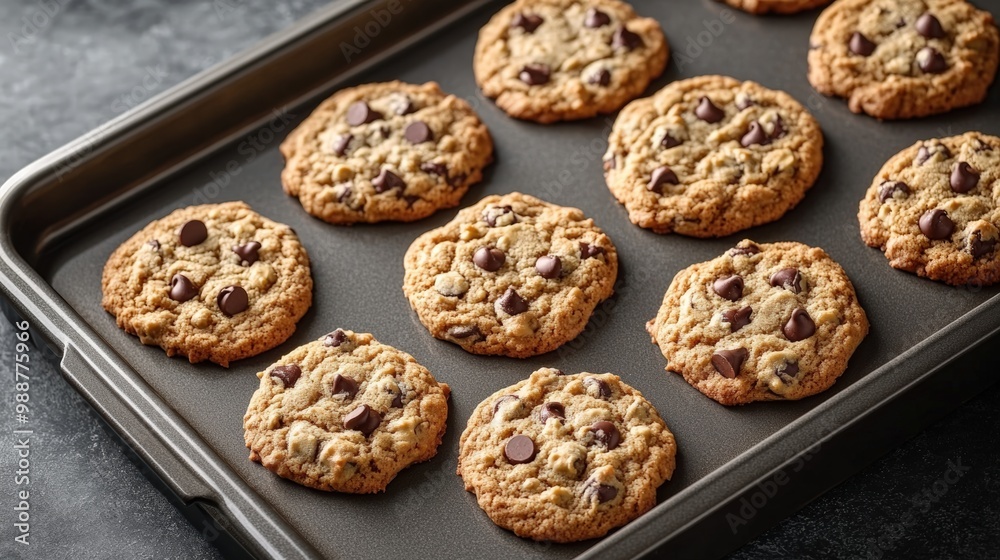 oatmeal cookies with chocolate chips on a baking tray. dark background. copy space.