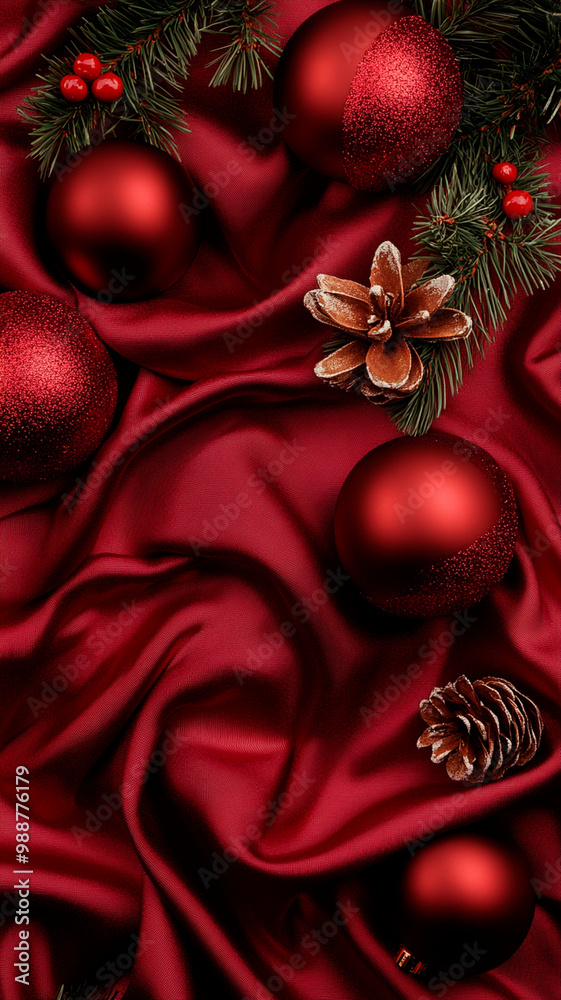 Vista superior de tejido de seda rojo oscuro con adornos navideños, fotorrealista Vista superior de tejido de seda rojo oscuro con adornos navideños, fotorrealista