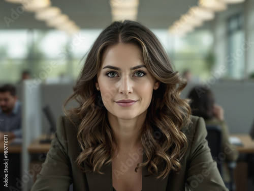 Free Download chief executive officer sitting, gratitude and tension, subtle jumpsuit and suit, dark brown green, blurred background at late afternoon, business portrait - GFXLoad