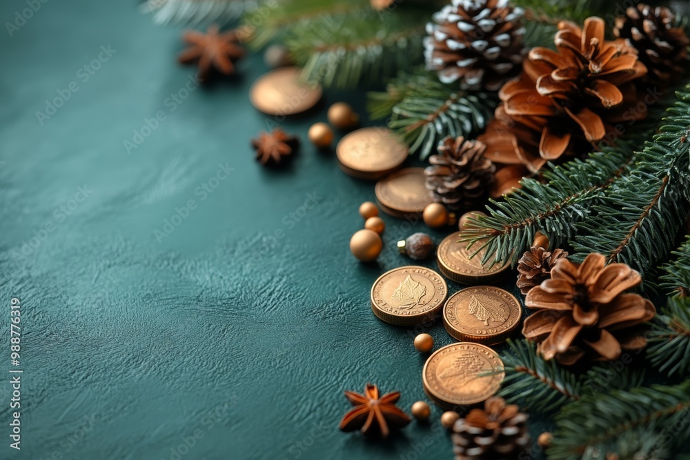 Green Christmas tree branches with golden antique coins. Vintage vibe with pastel green background and big copy space. Green Christmas tree branches with golden antique coins. Vintage vibe with pastel green background and big copy space.