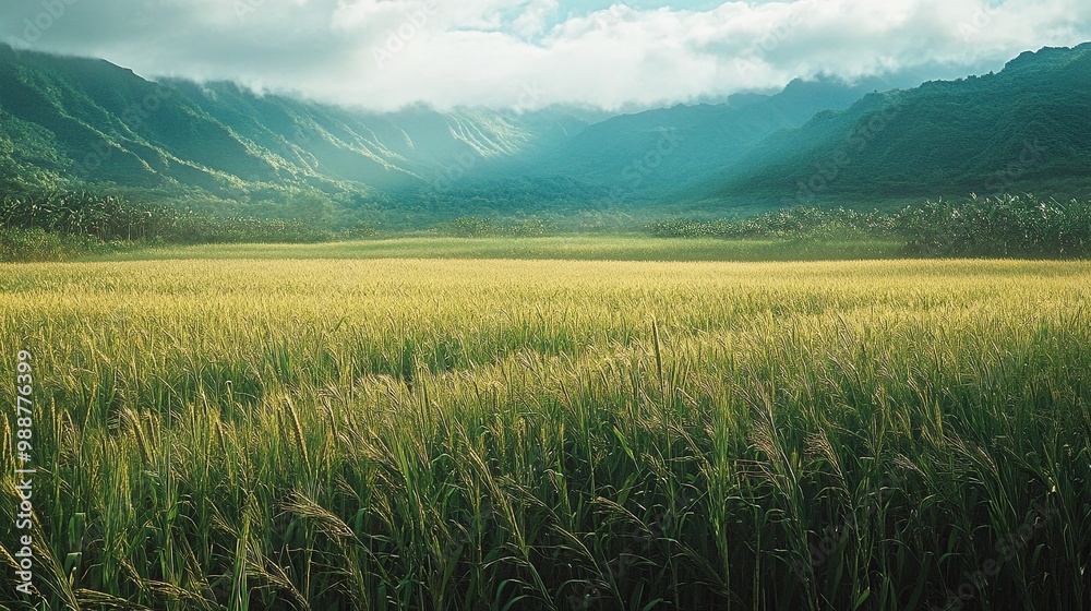 Obraz premium agricultural landscape featuring a lush sugarcane field, symbolizing the beauty of rural farming and the potential for energy production through crop cultivation
