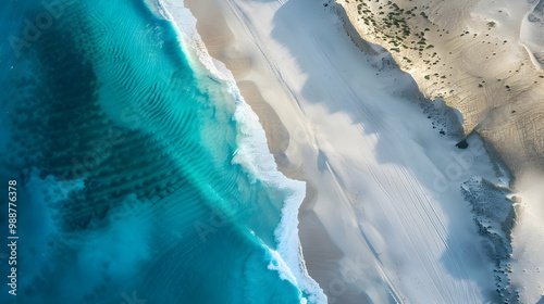 Aerial View of Coastal Landscape with Turquoise Water and White Sand Dunes