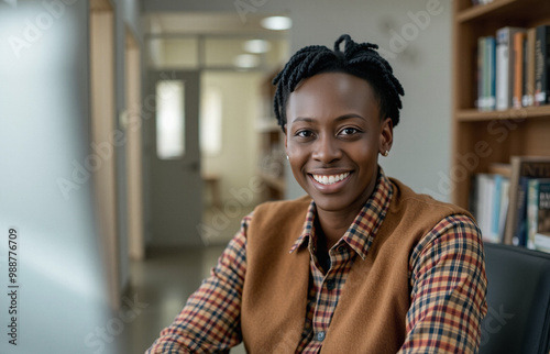 self motivation at the workplace, joy and friendliness, wool waistcoat and button-up shirt, minimal background at early morning, black trans person business portrait photo