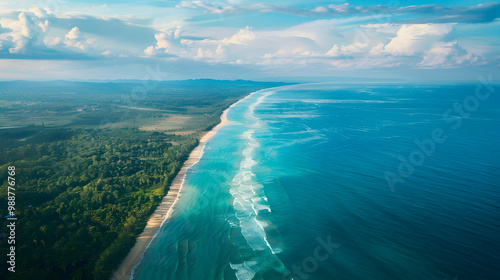 Aerial View of Tropical Beach with Lush Forest and Azure Sky