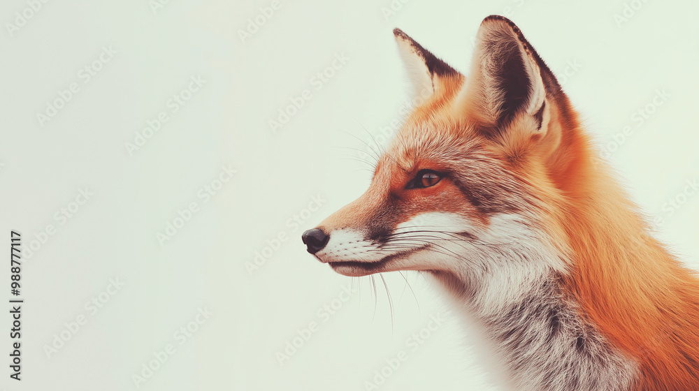 Fototapeta premium a fox with bright orange fur and alert eyes against an isolated light ivory background, the soft light casts gentle shadows on the fox, creating intricate patterns