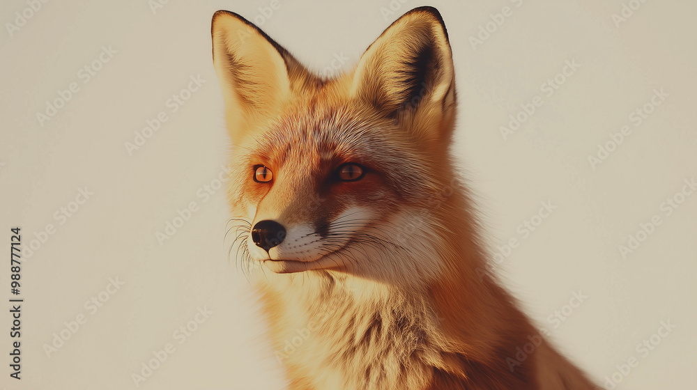 Obraz premium a fox with bright orange fur and alert eyes against an isolated light ivory background, the soft light casts gentle shadows on the fox, creating intricate patterns
