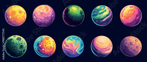 Fantasy alien planet set. Bright color round shape. Universe cosmic group of planetoids and satellites. Galaxy bodies. Game design elements. Cartoon style isolated vector clipart collection