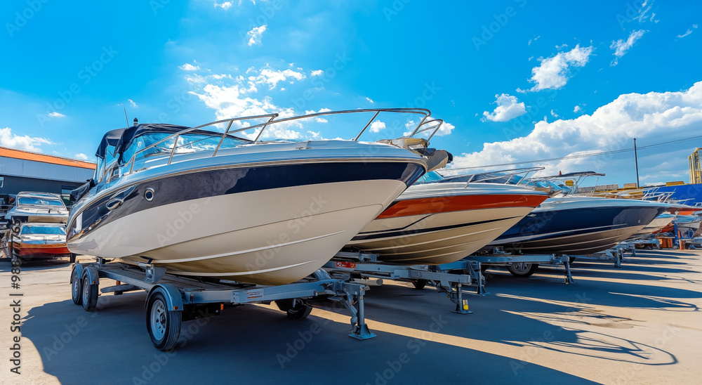 Φωτογραφία Boats on Trailers in the Parking Lot of a Boat Sports Center