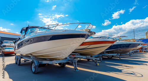 Boats on Trailers in the Parking Lot of a Boat Sports Center