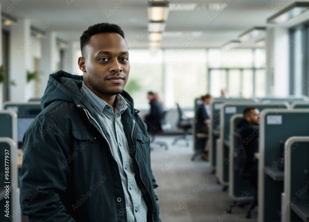 Fototapeta premium procurement officer standing, team spirit and gratitude, joining a new team at work, dark teal green, blurry foreground at mid-morning, business portrait