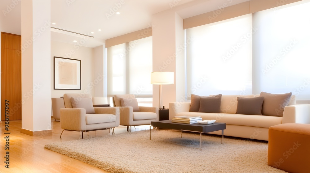 Fototapeta premium Modern Luxury Penthouse Living Room - Elegant Simplicity with High-End Furnishings and Sleek Design for Sophisticated Interiors