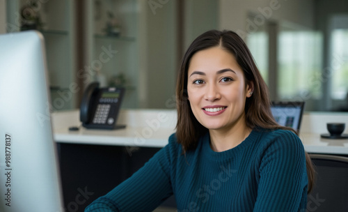 Free Download employee training, business casual clothes sweater and simple attire, senior project manager sits, blurred backdrop at early morning, dark teal blue, business portrait - GFXLoad