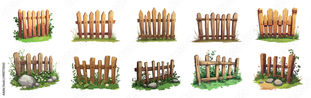 Fence set. Wooden texture rustic garden barrier in brown natural colors. Countryside house timber barrier. Backyard garden picket. Nature plant grass and flower elements around. Isolated vector Fence set. Wooden texture rustic garden barrier in brown natural colors. Countryside house timber barrier. Backyard garden picket. Nature plant grass and flower elements around. Isolated vector