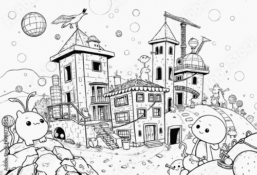Coloring book castle in the snow
