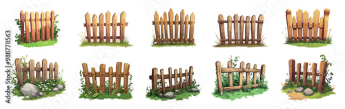 Fence set. Wooden texture rustic garden barrier in brown natural colors. Countryside house timber barrier. Backyard garden picket. Nature plant grass and flower elements around. Isolated vector