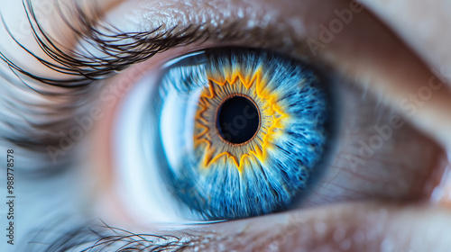 a human eye's iris in extreme close-up with intricate, radial patterns of color, highlighting the rich textures and unique details of the iris