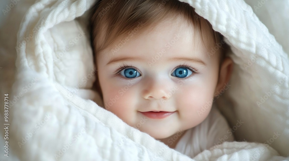 Cute, smiling baby girl with blue eyes peeks out from under a white blanket. Cute, smiling baby girl with blue eyes peeks out from under a white blanket.