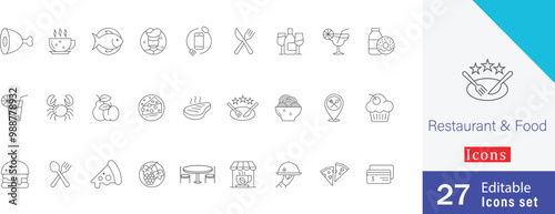 Restaurant and food editable outline icons set. containing drink, coffee, tea, wine,  knife, spoon, menu,  breakfast and more stroke icons