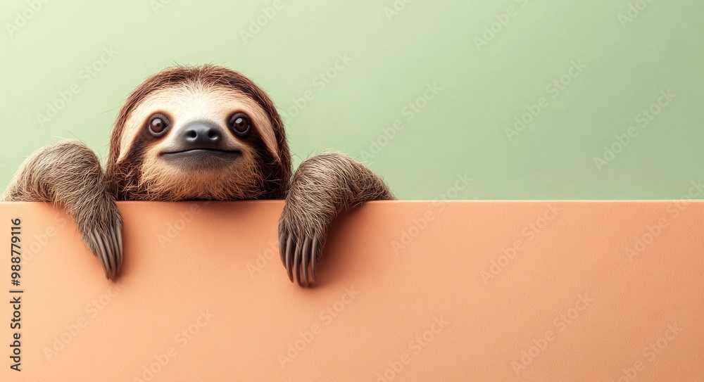 Cute, smiling sloth peeking over the edge of an isolated, pastel peach-colored wall with copy space. Cute, smiling sloth peeking over the edge of an isolated, pastel peach-colored wall with copy space.