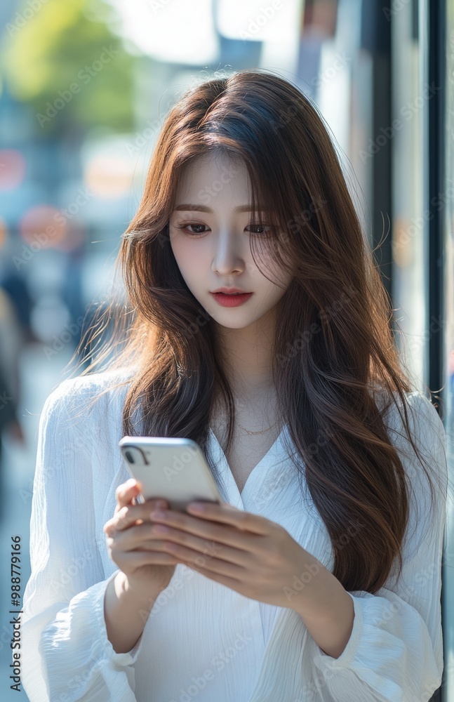 A stunning woman with long hair in a white shirt, checking her phone outside an office A stunning woman with long hair in a white shirt, checking her phone outside an office