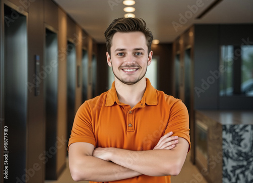 young executive assistant stands, smart casual clothing modern attire and polo shirt, new role at work, professional light, dark orange, business portrait