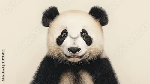 a panda with black and white fur and gentle, expressive eyes against an isolated light ivory background, the soft light casts gentle shadows on the panda, creating intricate patterns