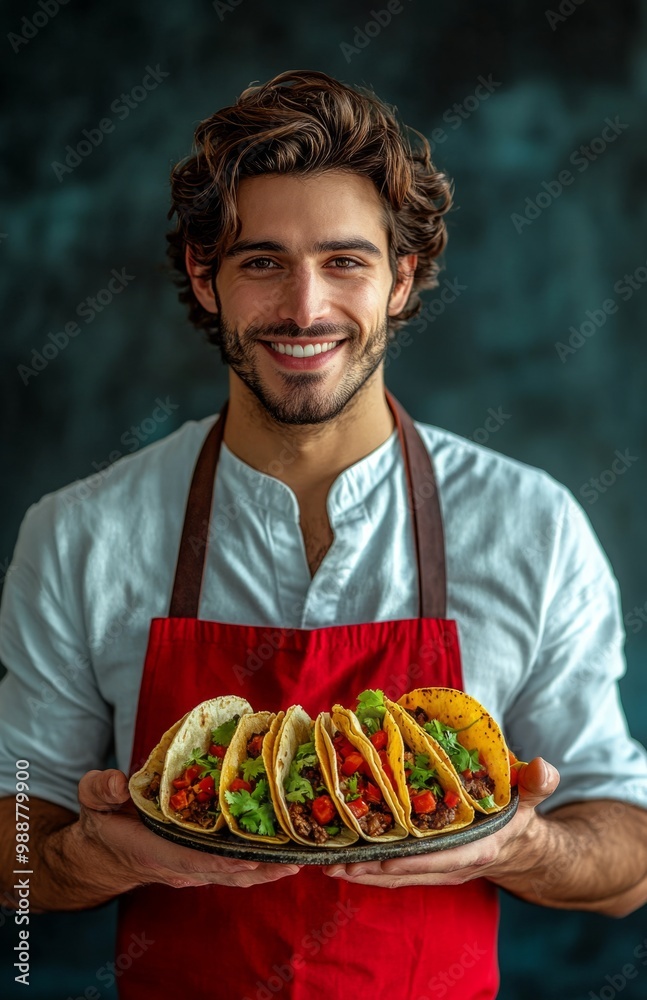 A handsome man wearing a red apron, serving delicious tacos