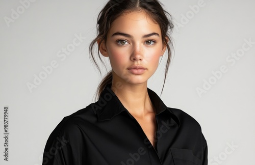 Athletic woman in black leggings and oversized shirt poses confidently, hair tied back stylishly