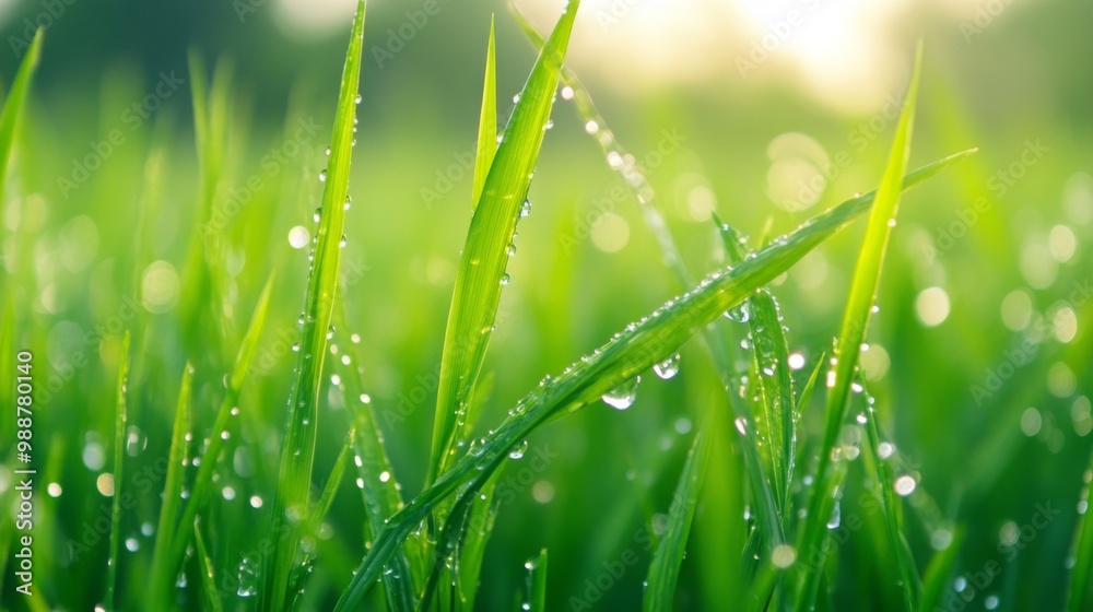 A close-up of vibrant green rice plants swaying gently in the breeze, with droplets of morning dew glistening in the sunlight, capturing the freshness of nature