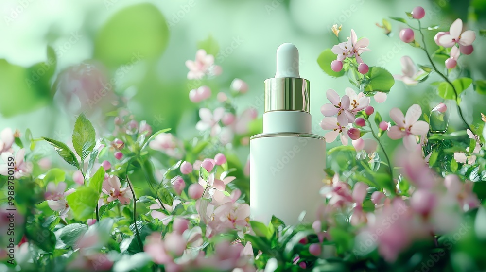 Elegant cosmetic dropper bottle among pink flowers and greenery with a soft green bokeh background, highlighted by gentle light. Elegant cosmetic dropper bottle among pink flowers and greenery with a soft green bokeh background, highlighted by gentle light.