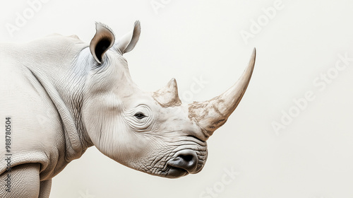 a rhinoceros with thick gray skin and a prominent horn against an isolated light ivory background, the soft light casts gentle shadows on the rhinoceros, creating intricate patterns photo