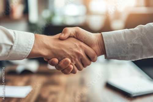 Human resource manager shaking hands with male candidate during job interview in office, Generative AI