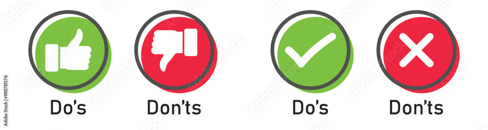Do and Don't icons set. Like and dislike signs. Positive and negative symbols. Thumb up and thumb down icon collection. Check mark and X mark icon. Do and Don't icons set. Like and dislike signs. Positive and negative symbols. Thumb up and thumb down icon collection. Check mark and X mark icon.