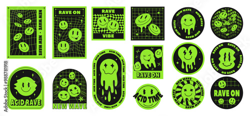 Psychedelic smile stickers. Trippy badges, neon green acid patches with melted emoji smiled face and hypnotic grid patterns, new wave emblems and 90s rave aesthetic music festival designs vector set
